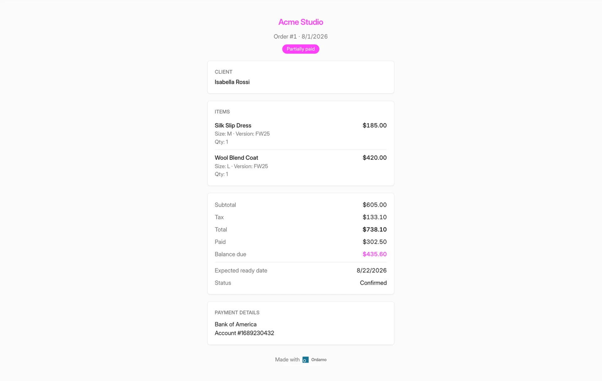 The order page a customer opens on their phone