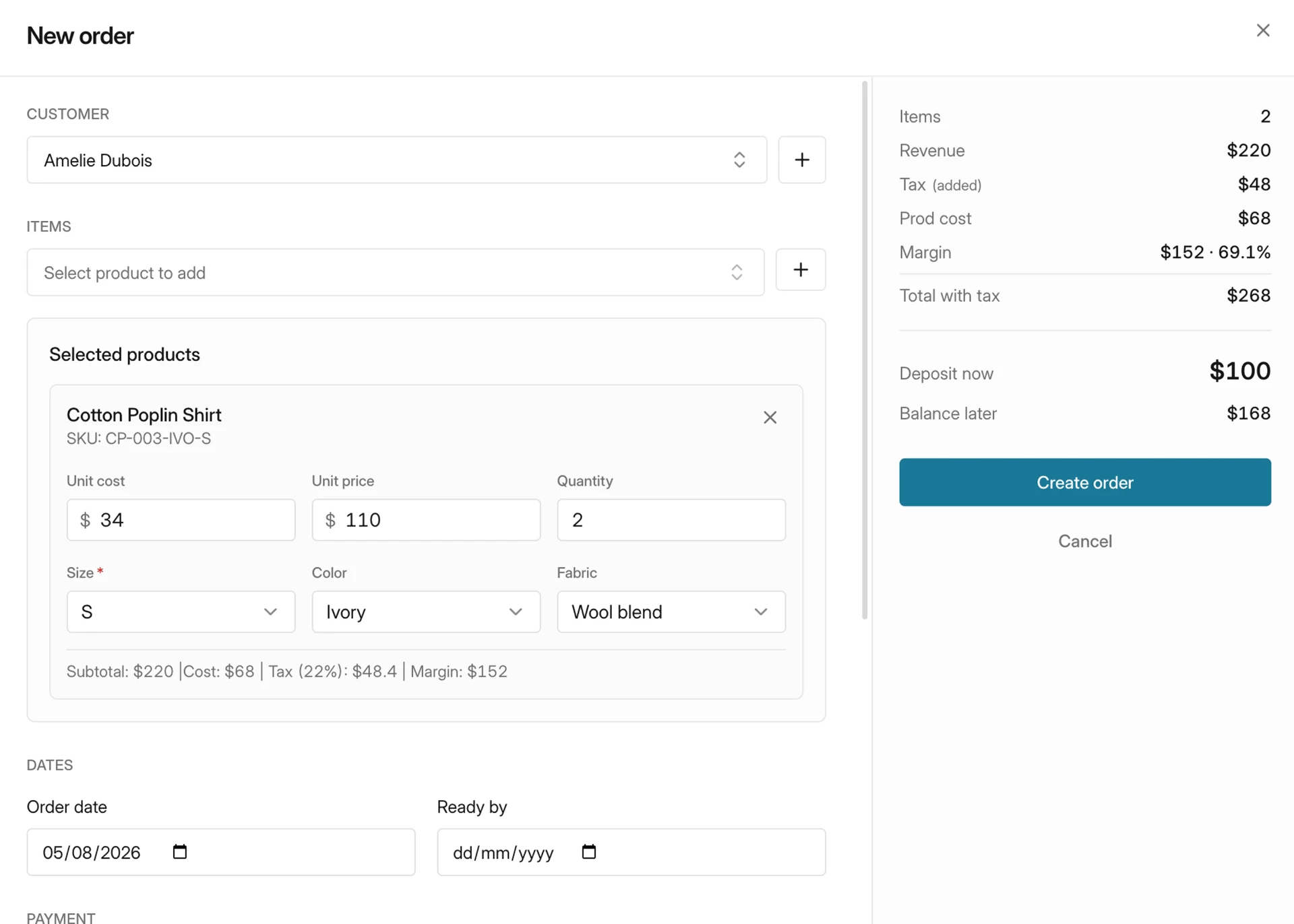 Ordamo orders list with deposits, margins and statuses
